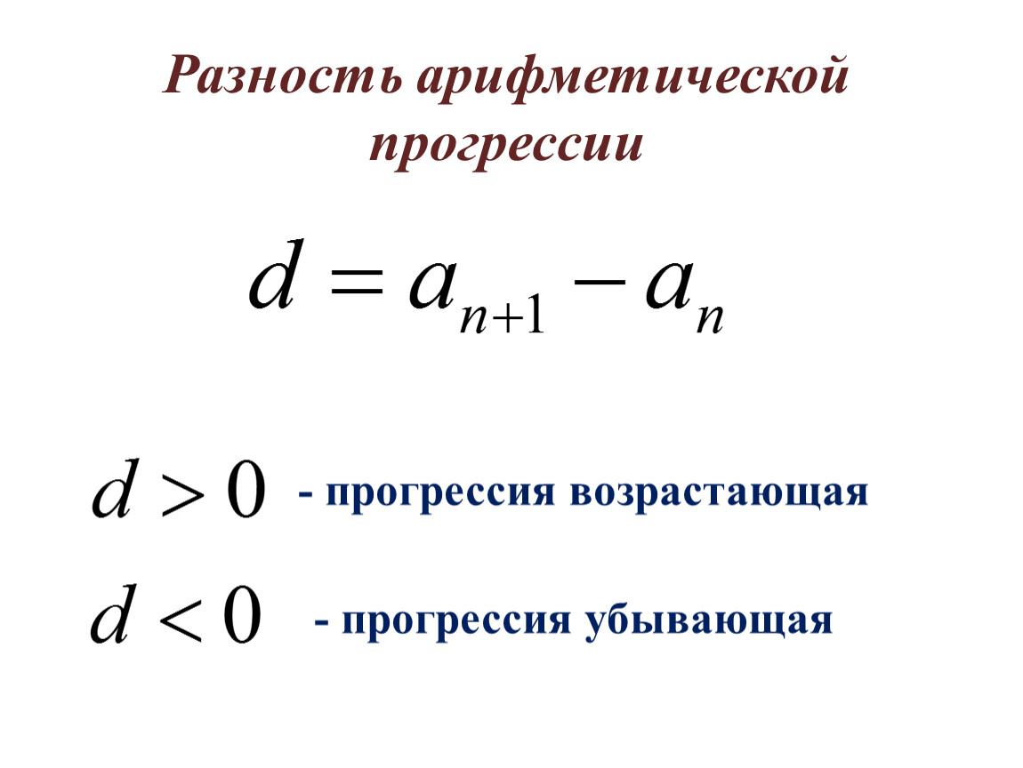 Арифм прогрессия. Возрастающая арифметическая прогрессия. Разность прогрессии. Разность арифметической прогрессии. Формула убывающей арифметической прогрессии.