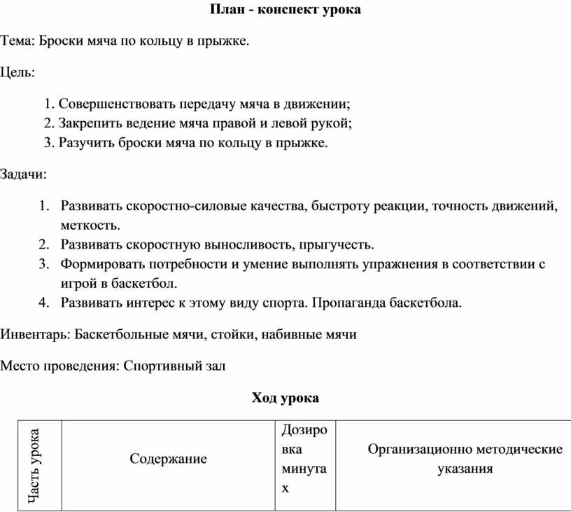 План конспект занятия по фк