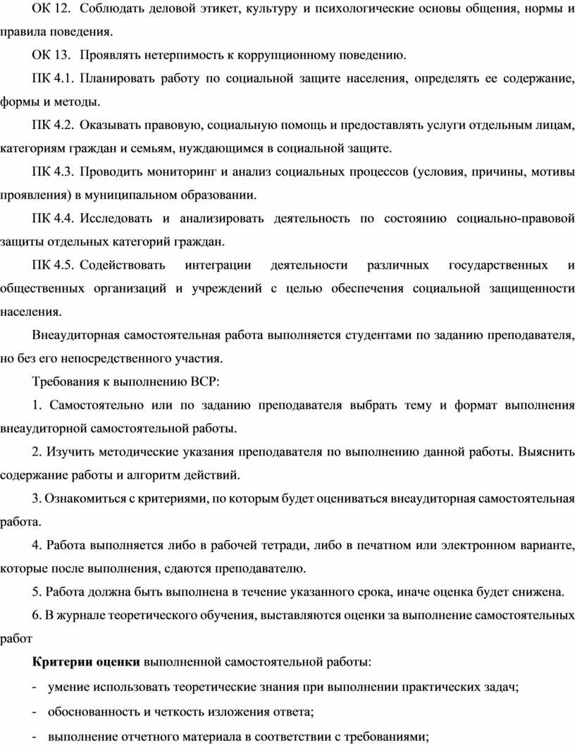 Внеаудиторная самостоятельная работа по МДК 04.01. Социальная политика и  технологии социальной работы