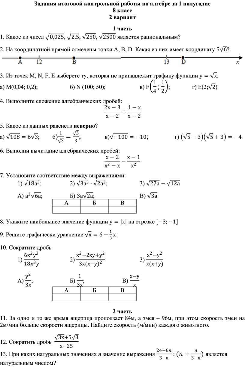 Контрольная работа по алгебре за 1 полугодие. 8 класс