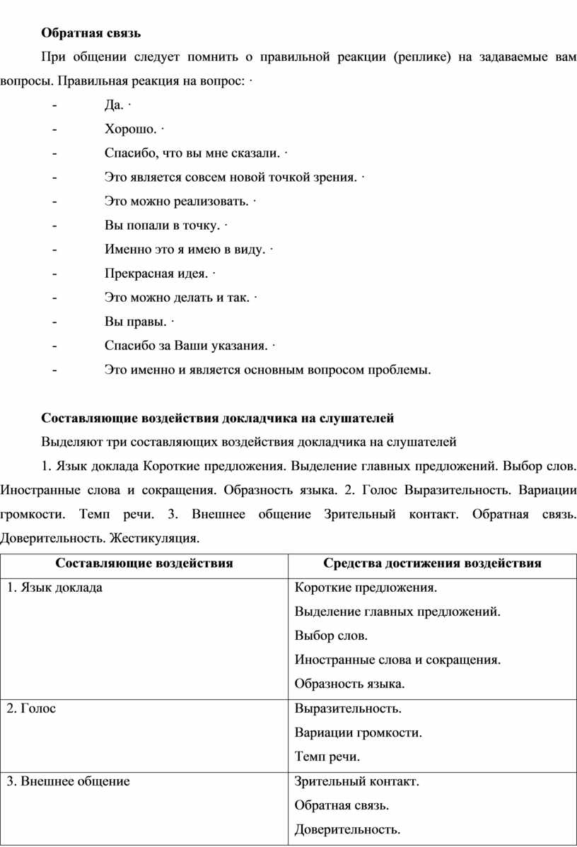 Обратная связь При общении следует помнить о правильной реакции (реплике) на задаваемые вам вопросы
