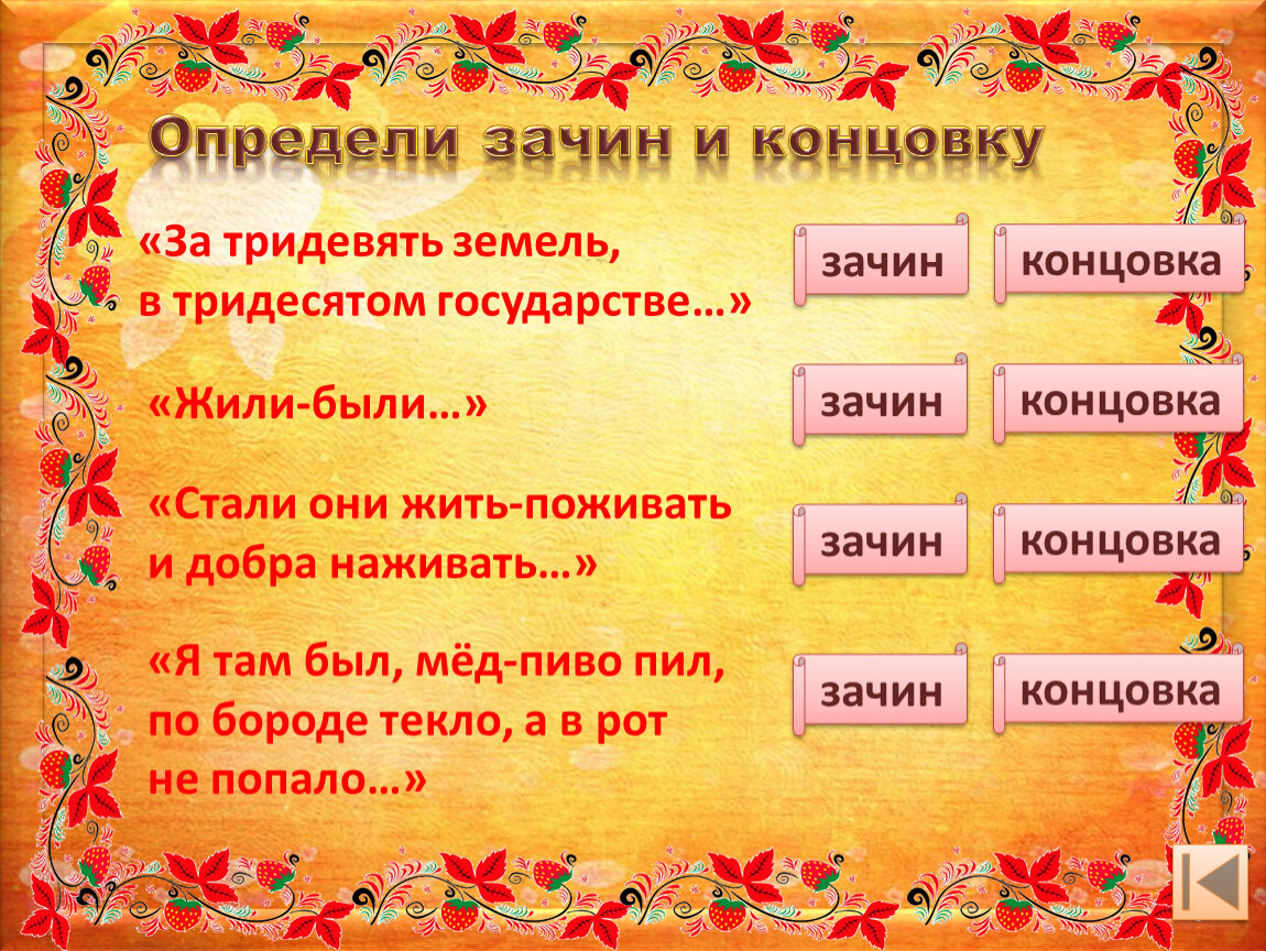 Зачин это. Стали жить поживать и добра наживать концовка. Присказка зачин троекратное повторение концовка. Сказочный зачин. Части сказки зачин присказка концовка.