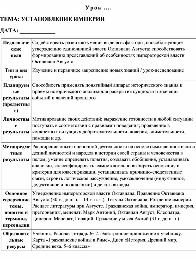 План конспект по истории 5 класс установление империи