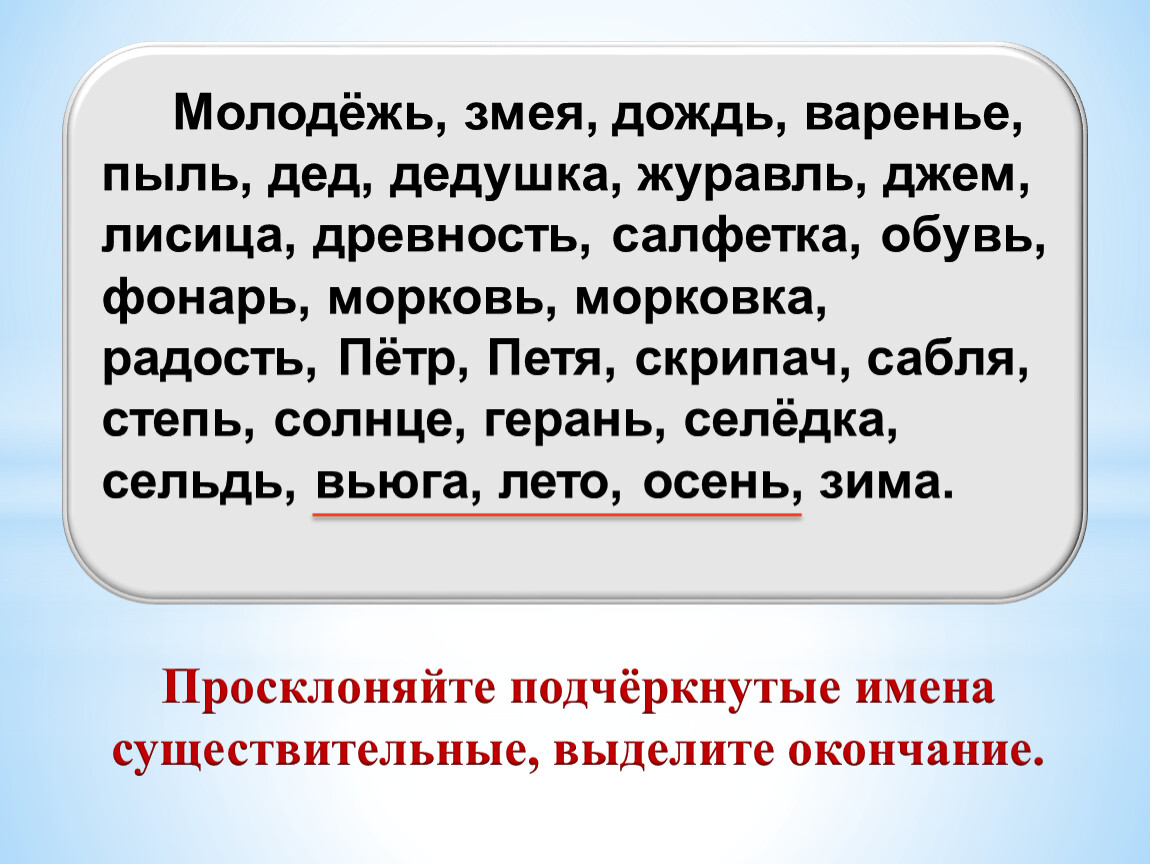 Слово младше. Молодежь окончание. Просклонять слова молодежь змея дождь. Дедушка имя существительное. Молодежь 3 склонение.