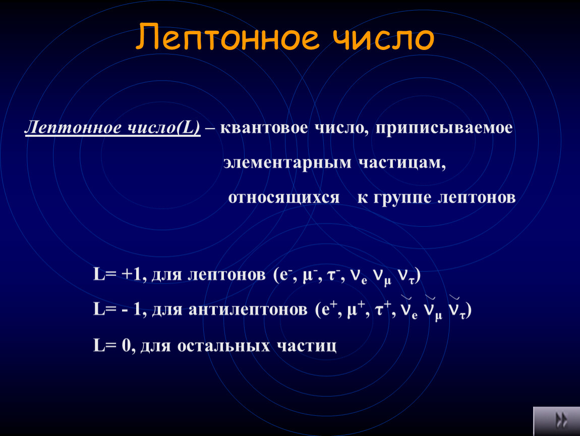Этапы развития частиц. Таблица лептонных зарядов. Лептонное число. Закон сохранения лептонного заряда. Число элементарных частиц.