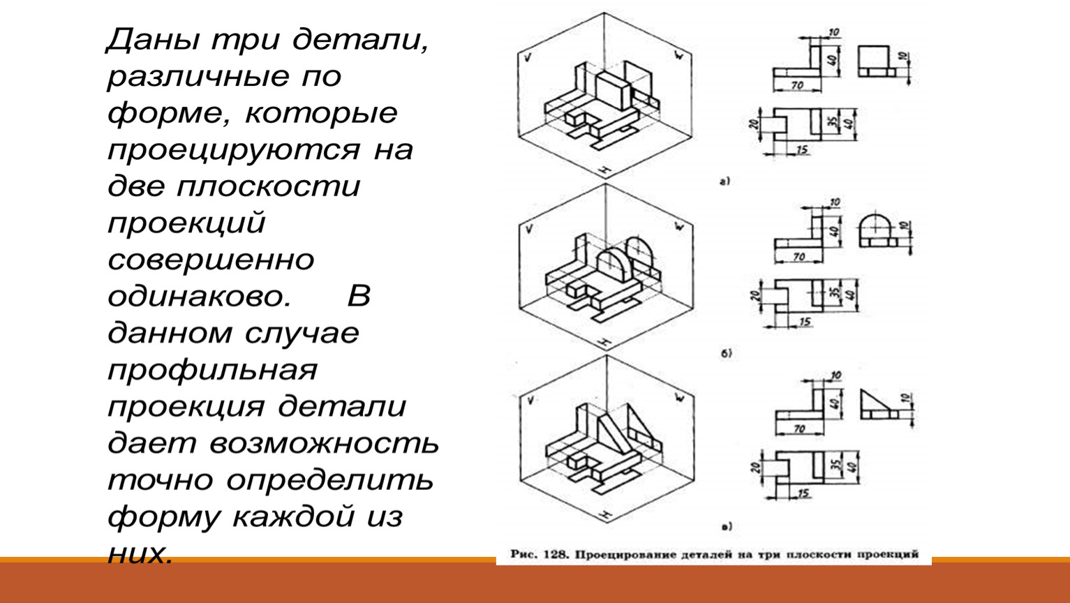 Изображение детали предмета проецируется на фронтальную плоскость проекций