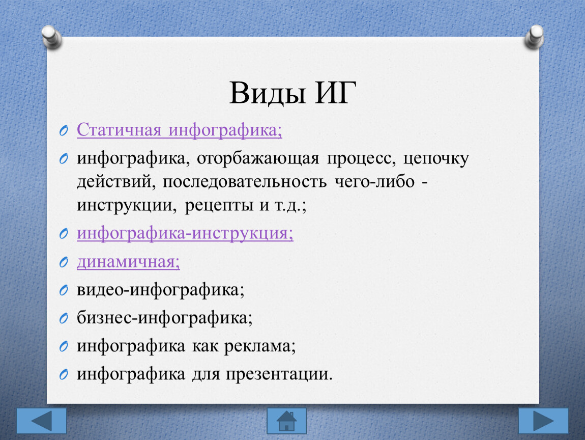 Виды ИГ Статичная инфографика; инфографика, оторбажающая процесс, цепочку действий, последовательность чего-либо - инструкции, рецепты и т