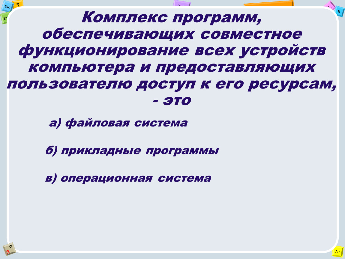 Обеспечивает совместное функционирование всех устройств компьютера. Комплекс программ обеспечивающих совместное функционирование. Комплекс программ обеспечивающих совместное. Это комплекс программ обеспечивающих совместную работу. Комплекс программ обеспечивающих.