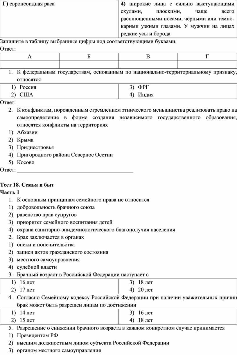 Г) европеоидная раса 4) широкие лица с сильно выступающими скулами, плоскими, чаще всего расплющенными носами, черными или темно-карими узкими глазами