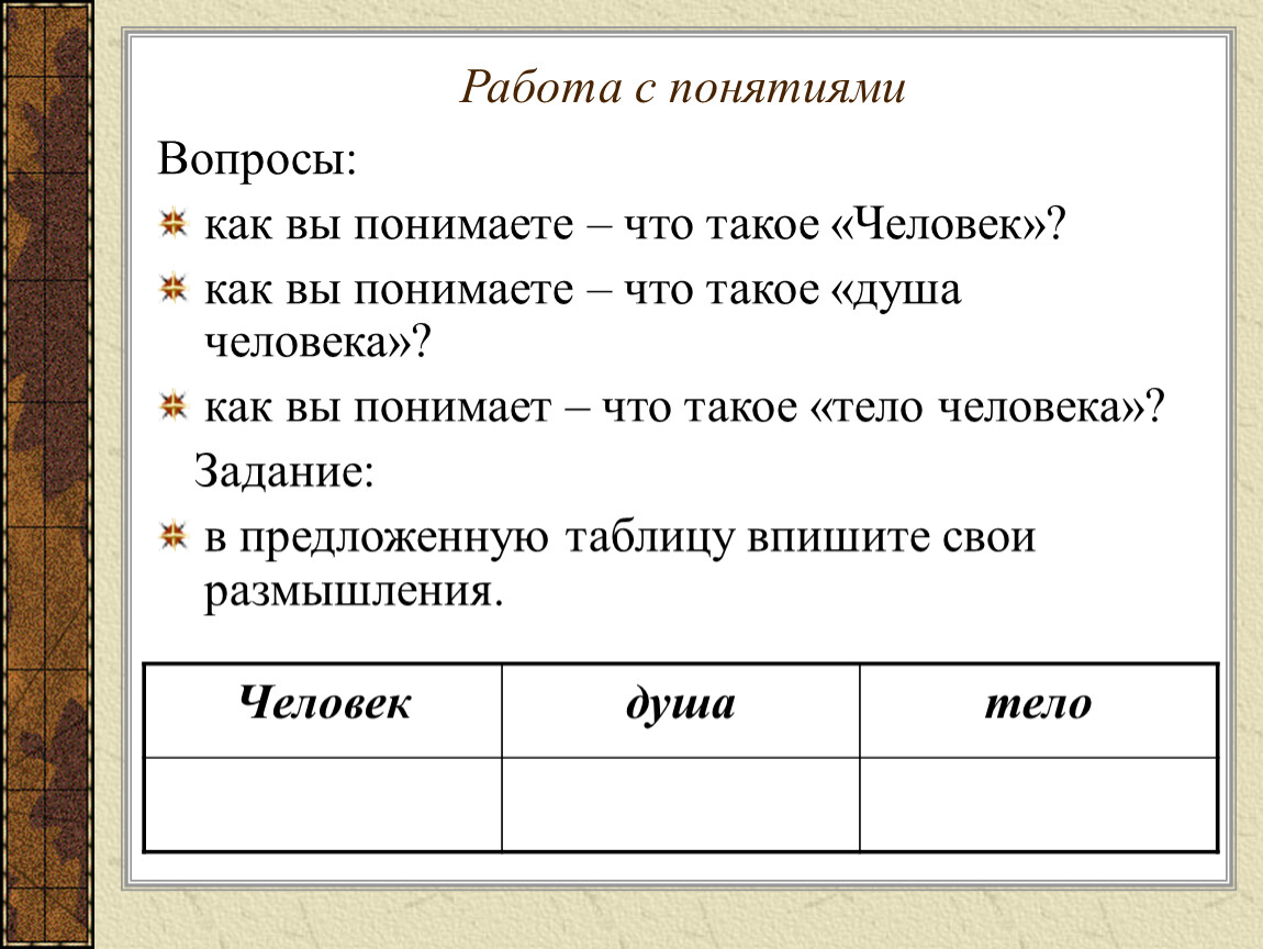 Предлагаемую таблицу. Вопросы понятия. Индивидуальность задания. Вопросы для понятия человека. Вопросы тело.