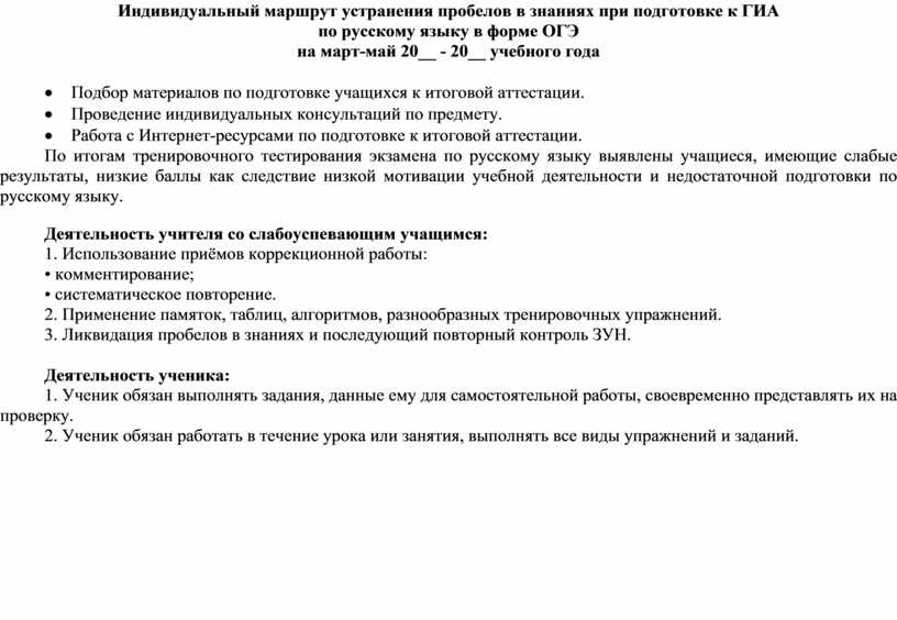 План работы по ликвидации пробелов в знаниях по русскому языку