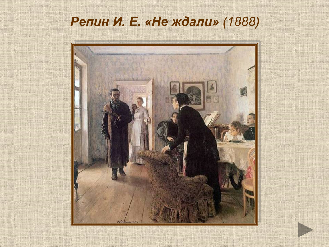 Картина репина не ждали. Репин 1884 не ждали. Репин Илья Ефимович не ждали. И.Е. Репин. Не ждали». 1884–1888. Илья Репин не ждали картина.