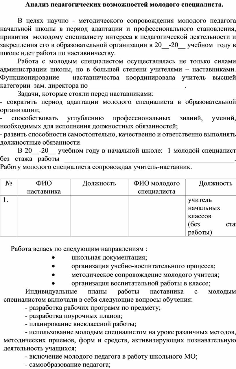 Анализ урока молодого специалиста наставником образец