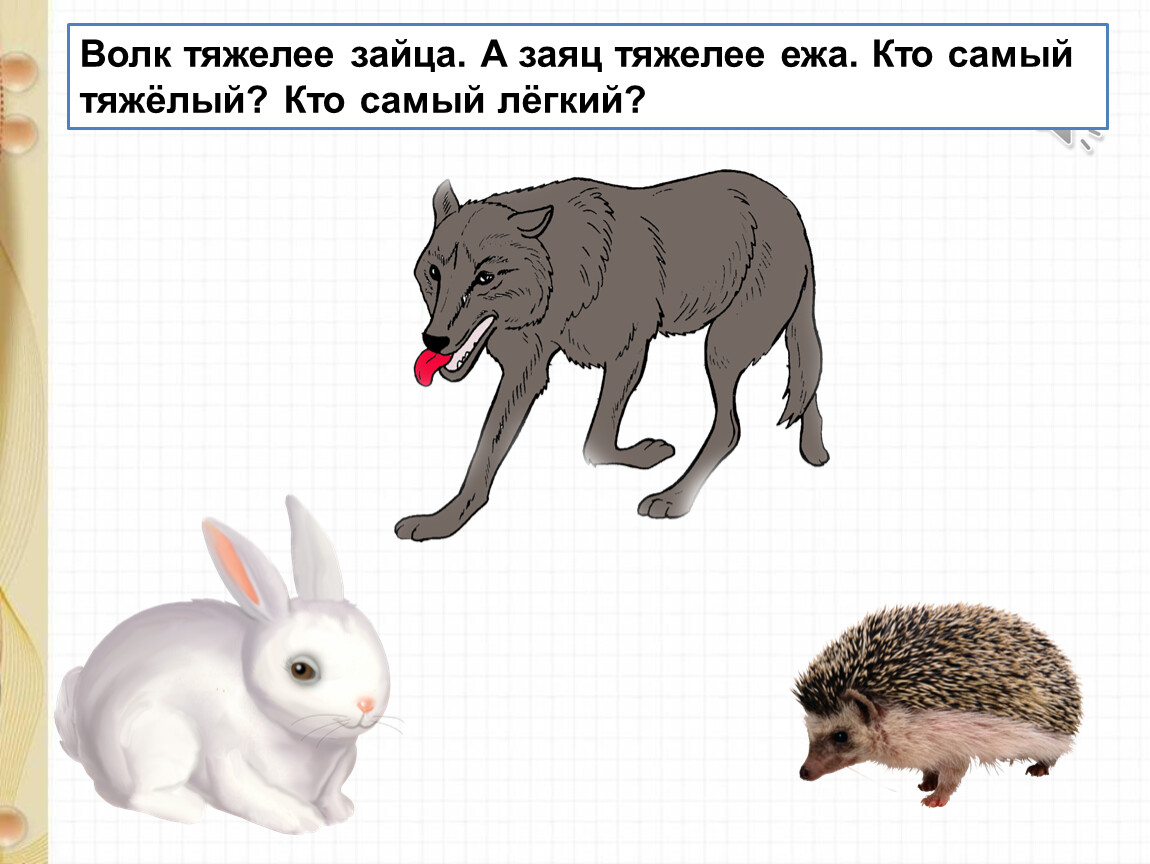 Наиболее легкий. Кто тяжелее. Кто быстрее заяц или волк. Заяц сзади картинки для детей. Уравновешенный зверь.