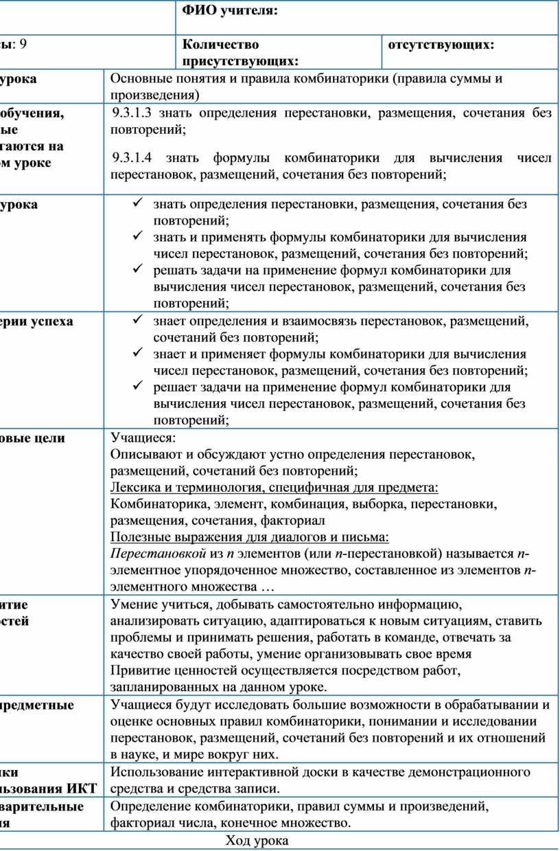 Урок 2 Основные правила комбинаторики План урока