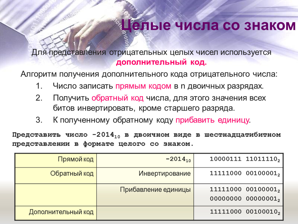 Код целей. Представление двоичных чисел со знаком. Алгоритм получения дополнительного кода числа. Целые числа со знаком представление. Для представления отрицательных целых чисел используется.