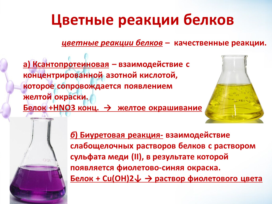 Белки с азотной кислотой. Качественные реакции на белки химия. Качественные реакции на белки цветные реакции. Цветные реакции белков реакции. Цветные качественные реакции на белки.