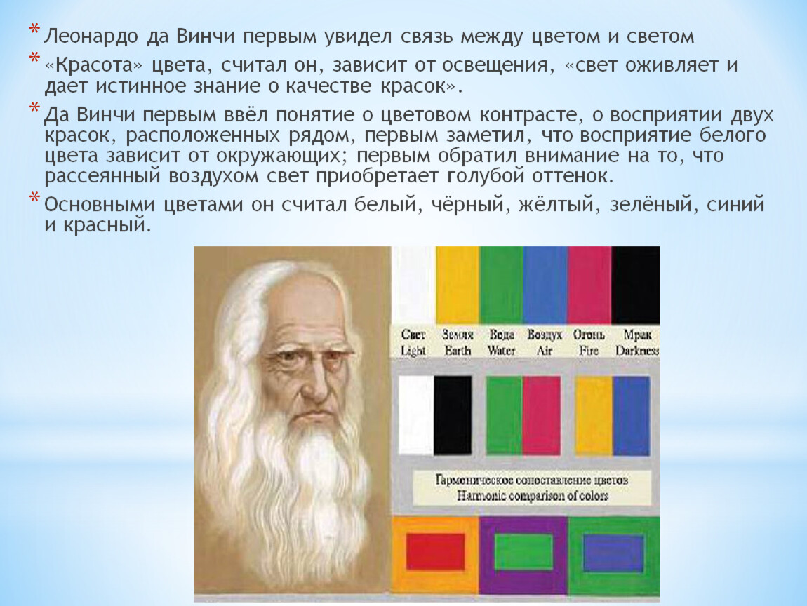 Первые цвета. Цветовая система Леонардо да Винчи. Леонардо да Винчи теория цвета. Система цветов Леонарда да Винчи. Леонардо да Винчи 6 основных цветов.