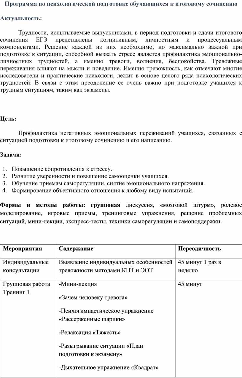 Программа по психологической подготовке обучающихся к итоговому сочинению