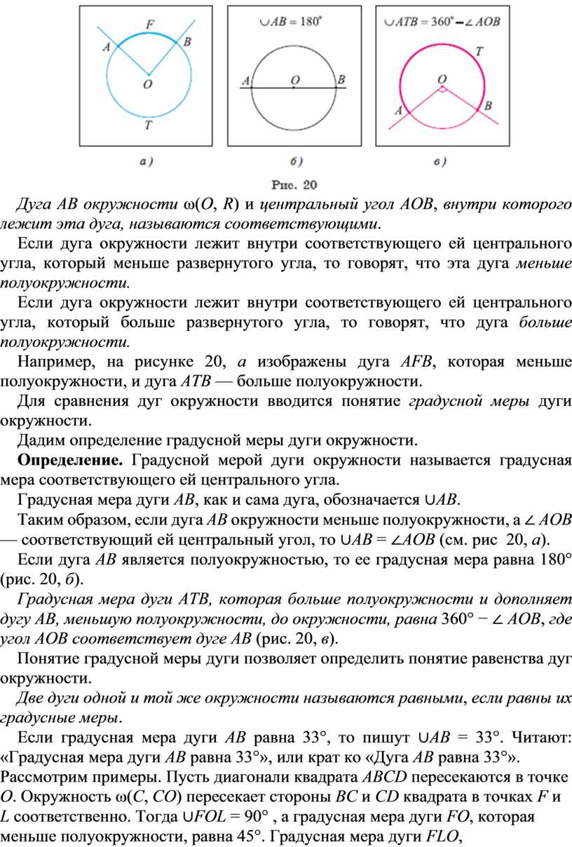 Дуга AB окружности ω ( O , R ) и центральный угол