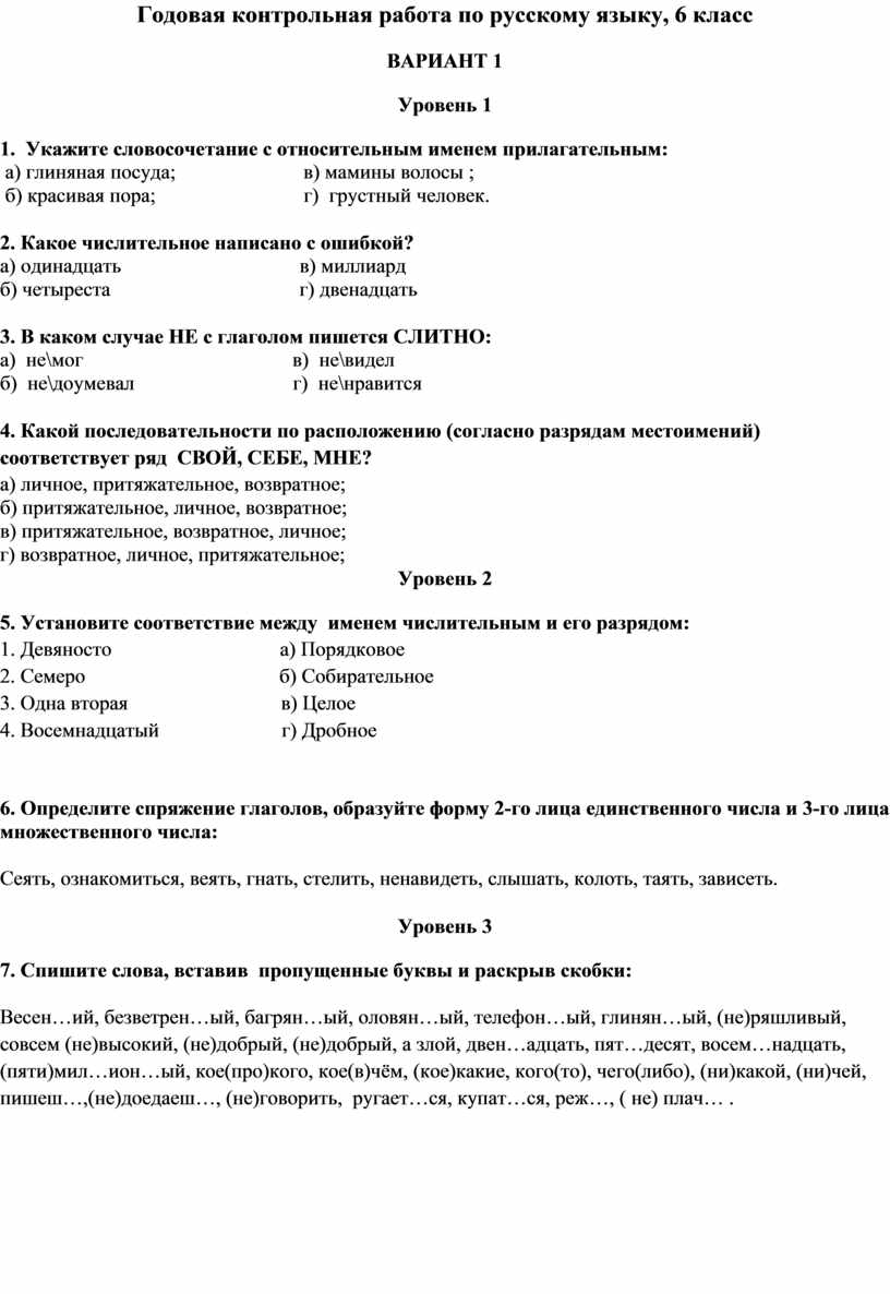 Годовая контрольная работа по русскому языку, 6 класс