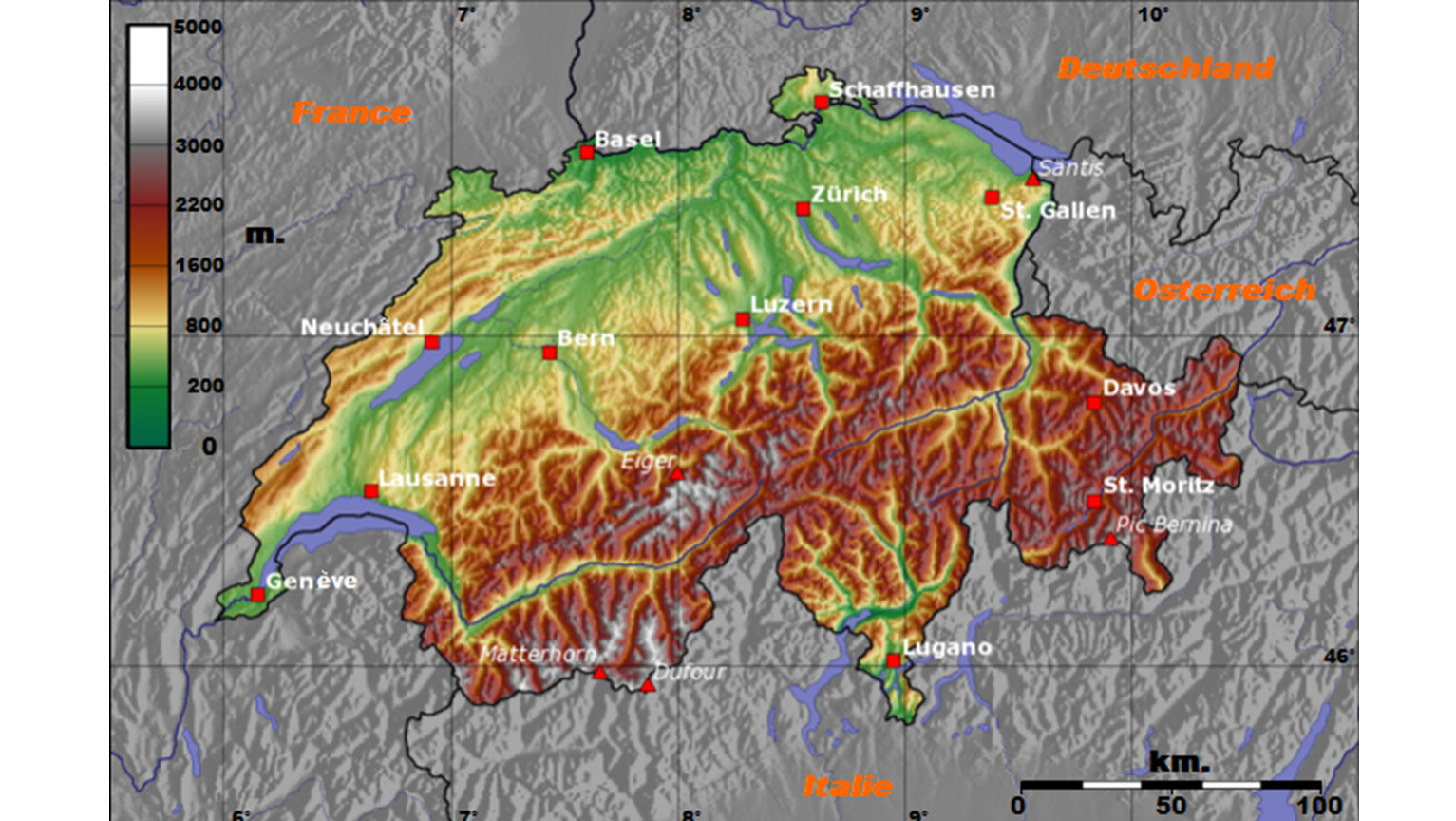 Швейцария географическая карта