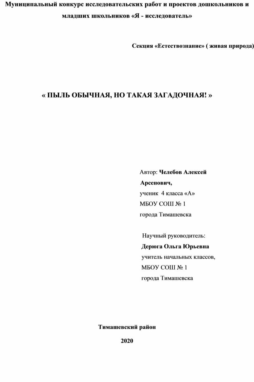 ПЫЛЬ ОБЫЧНАЯ, НО ТАКАЯ ЗАГАДОЧНАЯ! » исследовательская работа