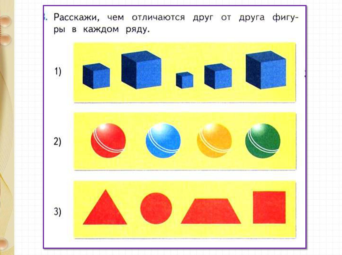 Чем части отличаются друг от друга. Пространственные представления в математике. Математика 1 класс пространственные и временные представления. Пространственные представления математические представления. Фигуры в ряд.