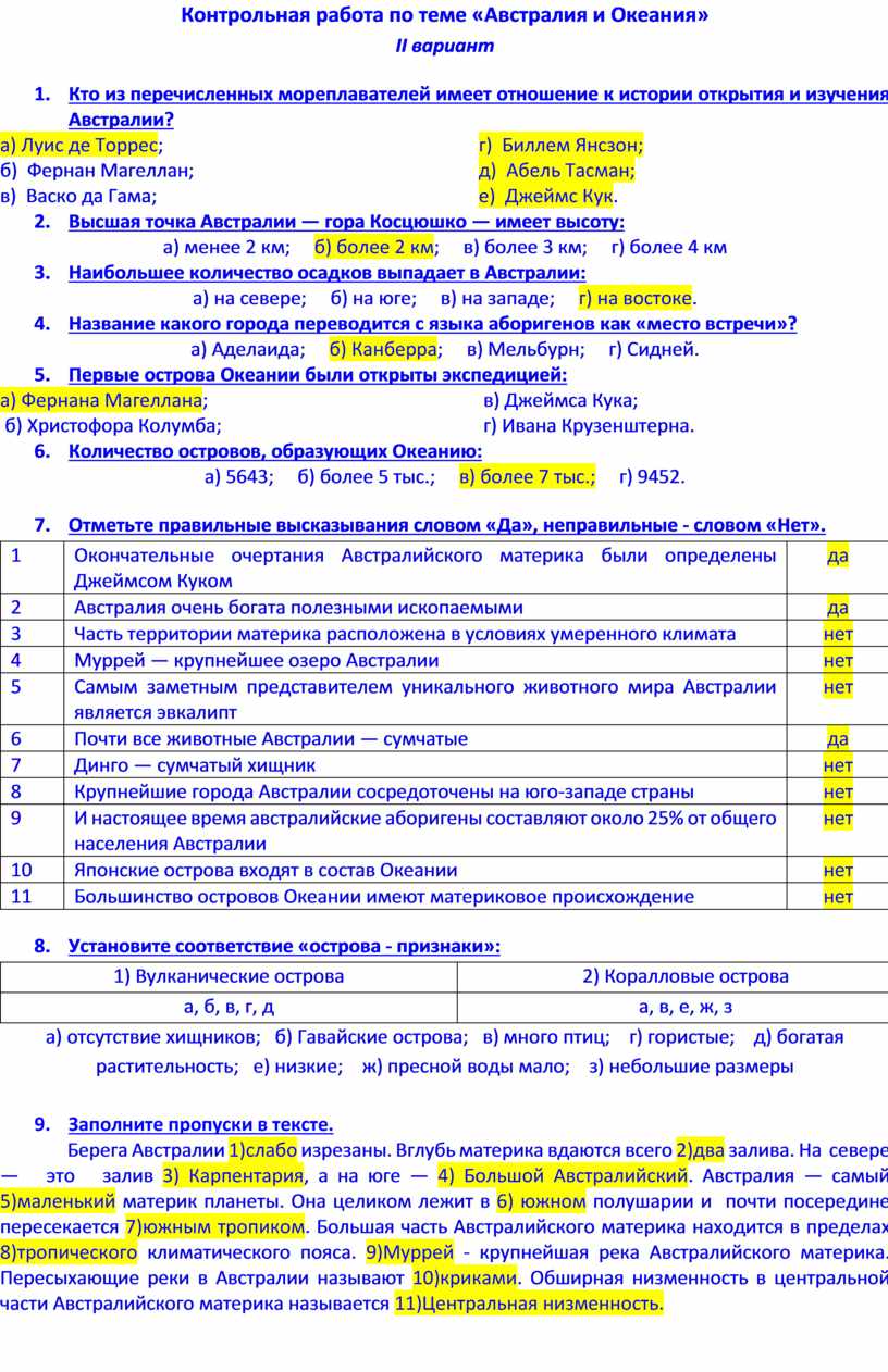 Контрольная по австралии