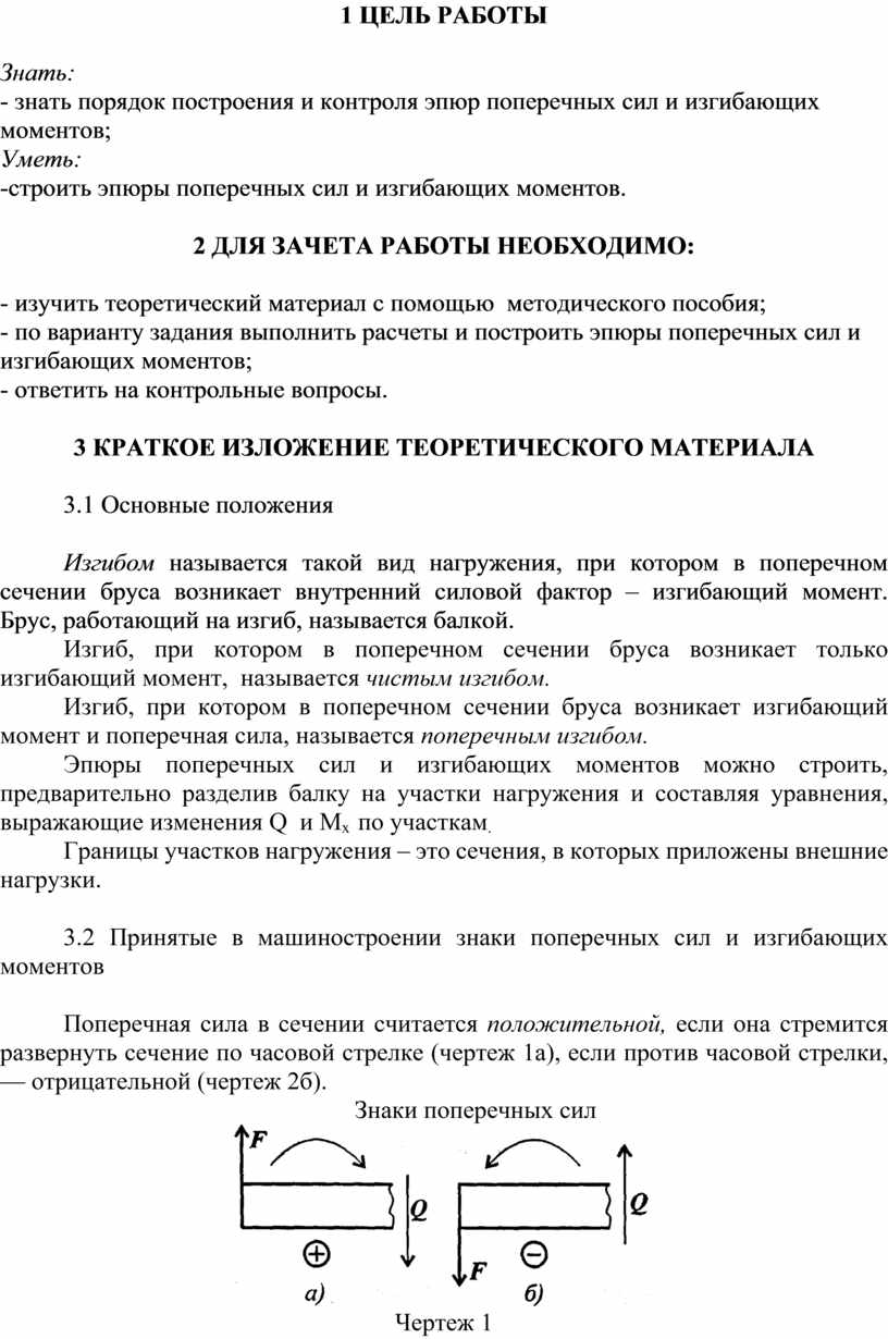 ЦЕЛЬ РАБОТЫ Знать: - знать порядок построения и контроля эпюр поперечных сил и изгибающих моментов;