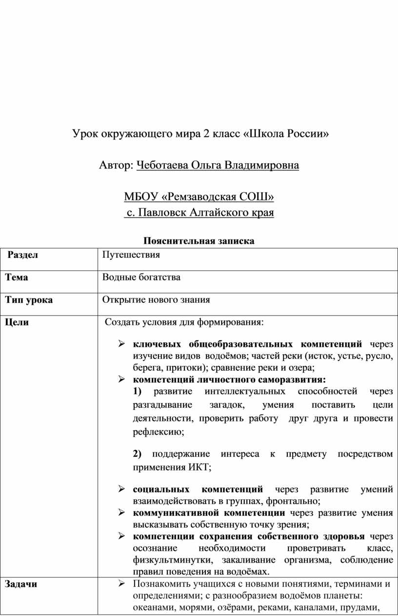 Технологическая карта урока водные богатства 2 класс