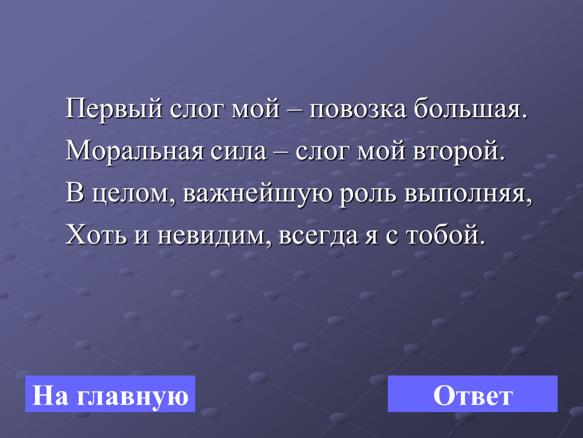 Изменений нет. Первый мой слог повозка большая. Моральная сила. Отгадай хим элемент. Первый слог мой повозка большая моральная сила вот слог мой второй.