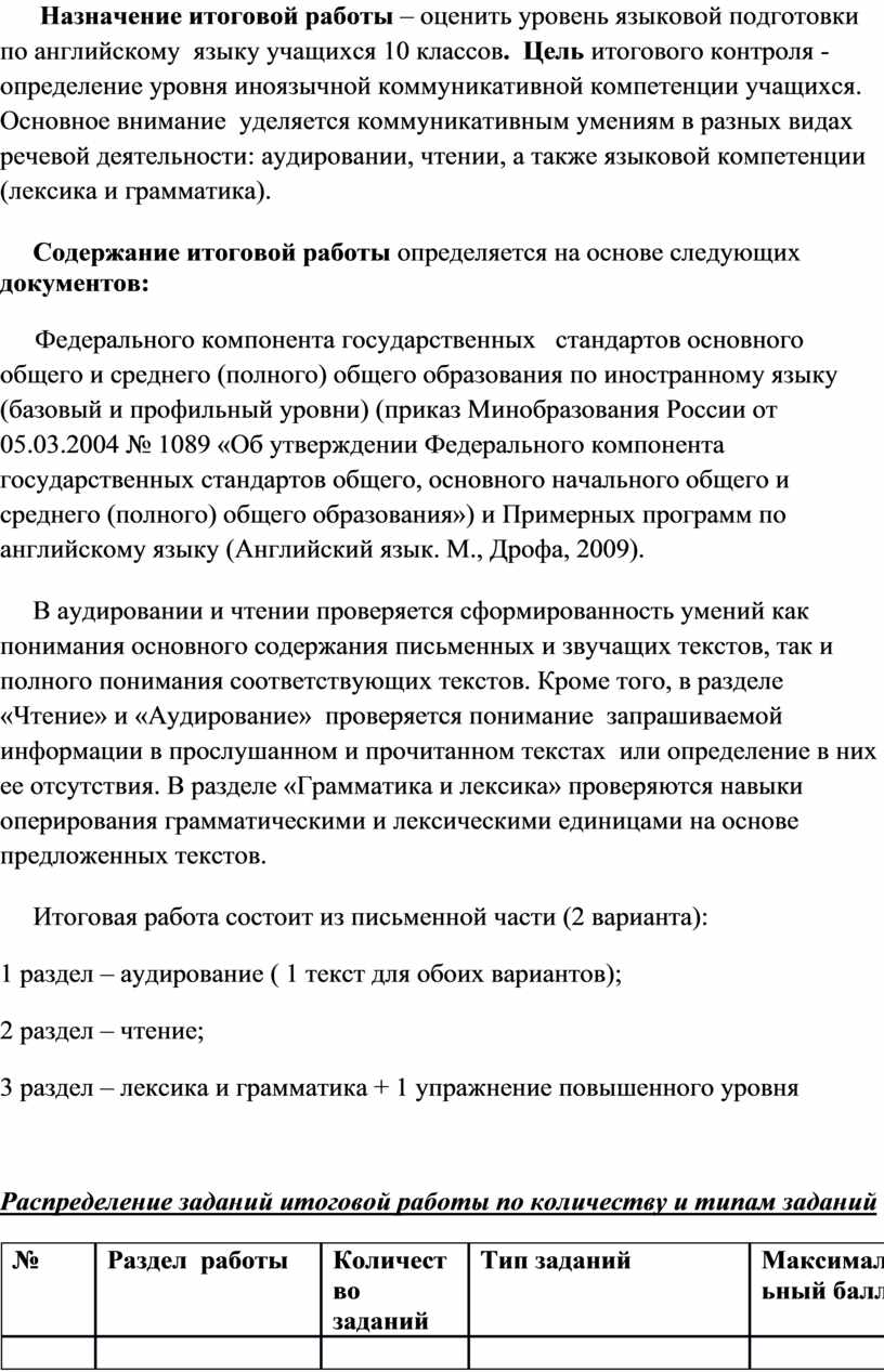 Итоговая контрольная работа по английскому языку для учащихся 10 классов