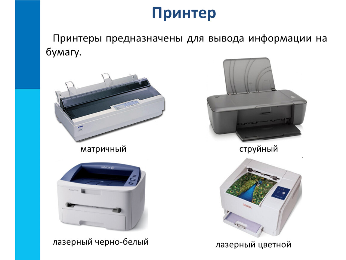 Устройство для вывода документа на бумагу. Типы принтеров Информатика. Типы принтеров Информатика 7 класс. Принтер типы принтеров. Матричный струйный и лазерный принтер.