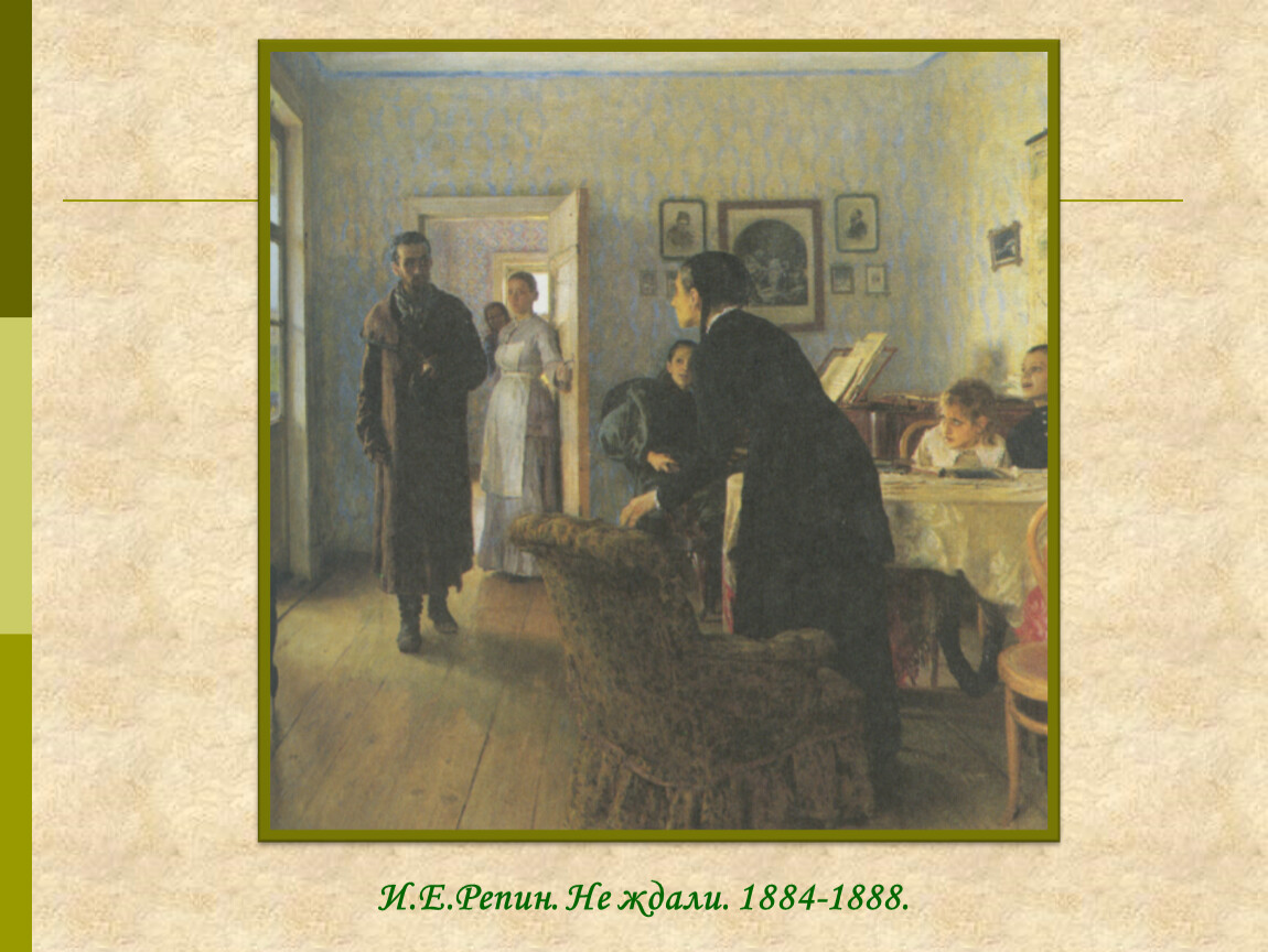 Репин не ждали картина сочинение. «Не ждали» (1884–1888,все – ГТГ) Репин. Картины Репина 19 века. Картина Репина 1888. Репин 1884.