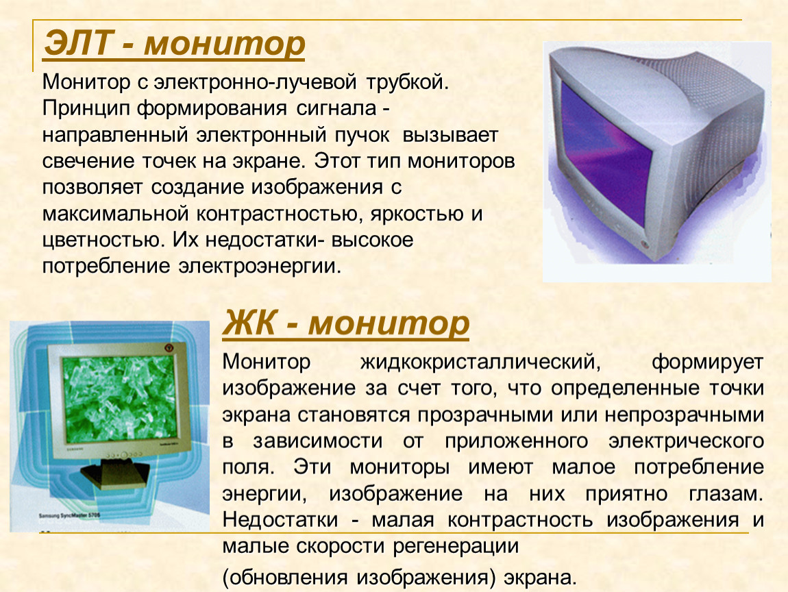 Мониторы по способу формирования изображения делятся