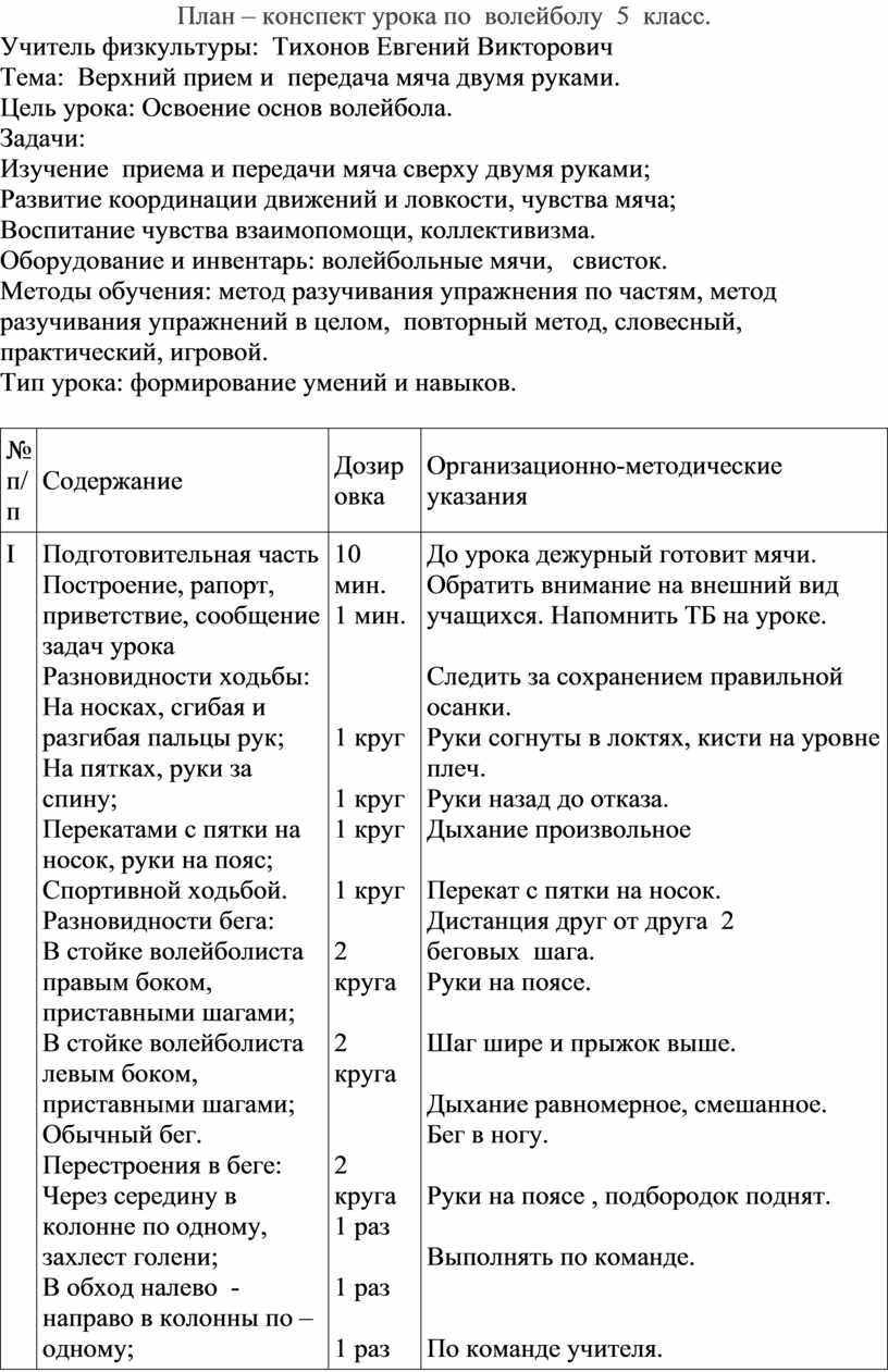 План конспект урока по волейболу 10 класс