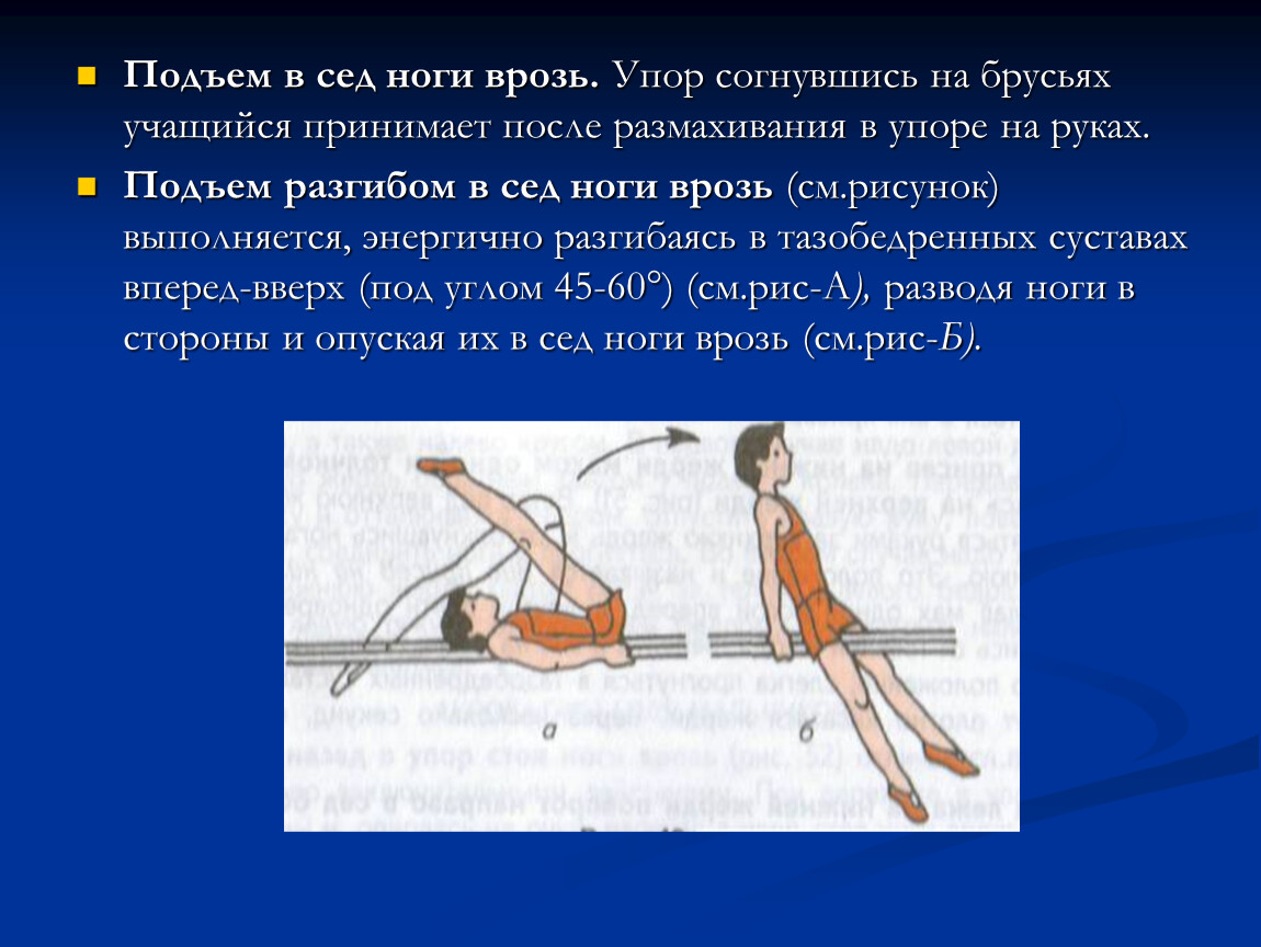 Подъем в 14 00. Упор на руках согнувшись на брусьях. Подъем в сед ноги врозь. Упор согнувшись. Упор на руках и ногах согнувшись.