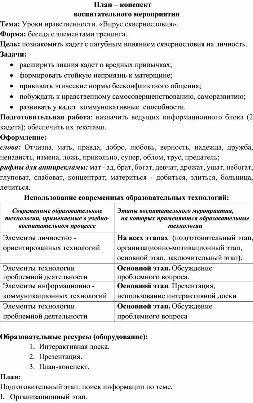 План конспект воспитательного мероприятия в начальной школе