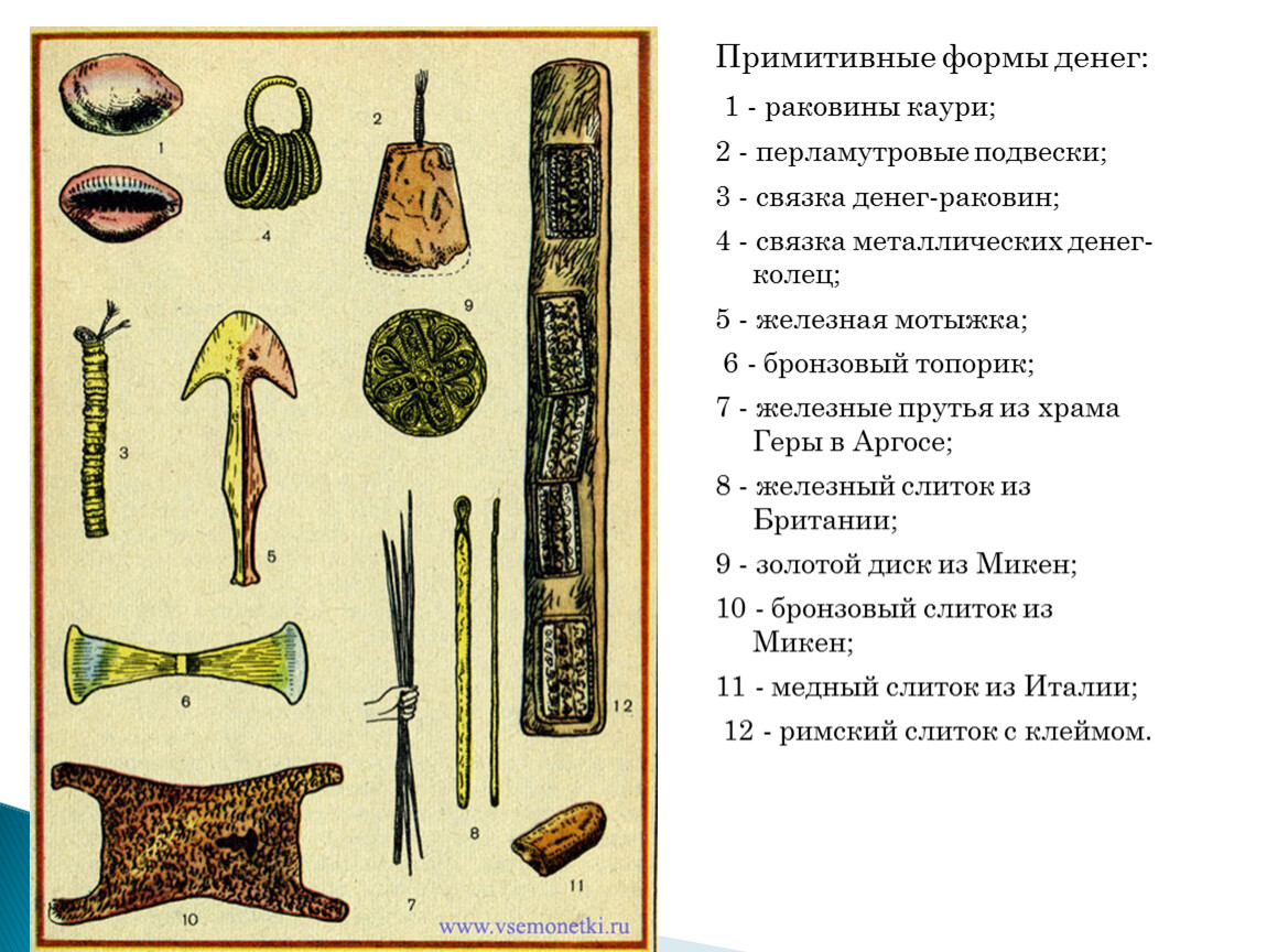 Самые древние формы. Первобытные деньги раковины Каури. Раковины Каури первые деньги. Примитивные формы денег. Первобытные металлические деньги.