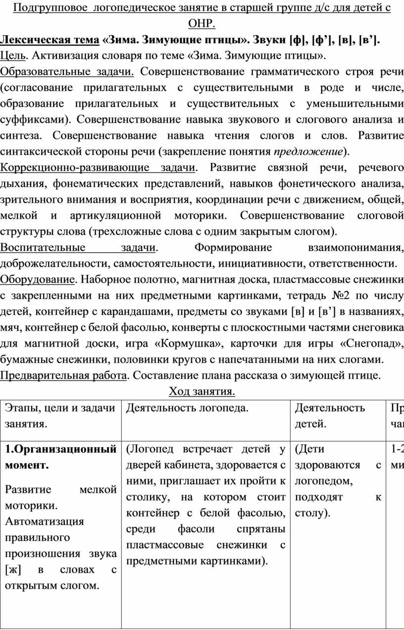 Подгрупповое логопедическое занятие в старшей группе д/с для детей с ОНР.