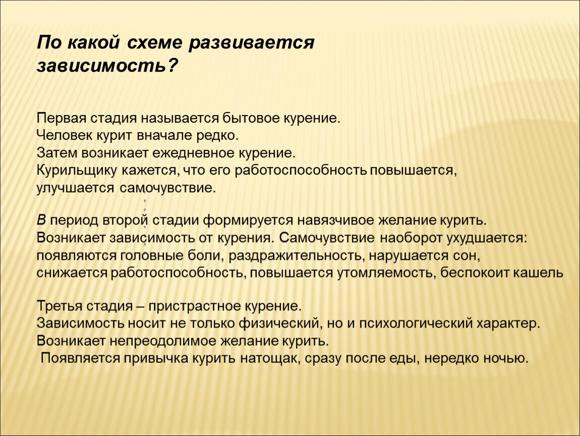 И зависит в первую. Как возникают привычки. По какой схеме происходит привыкание человека к табакокурению. Стадии привыкания к курению. Название второй стадии приобщения к табакокурению.