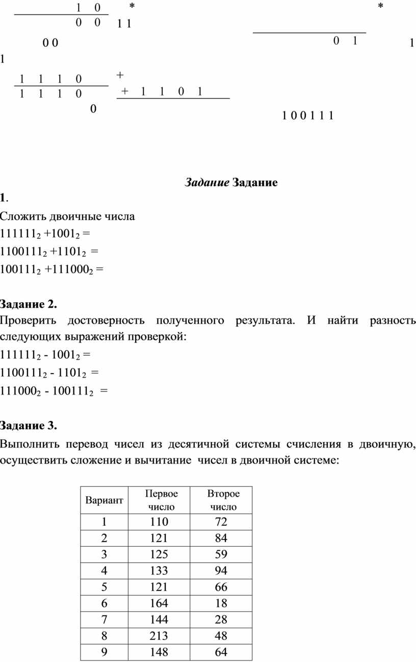 Практическая работа. Арифметические операции с числами в двоичной СС