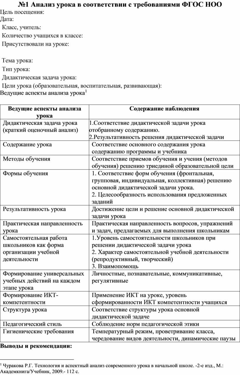 Анализ урока в соответствии с требованиями ФГОС