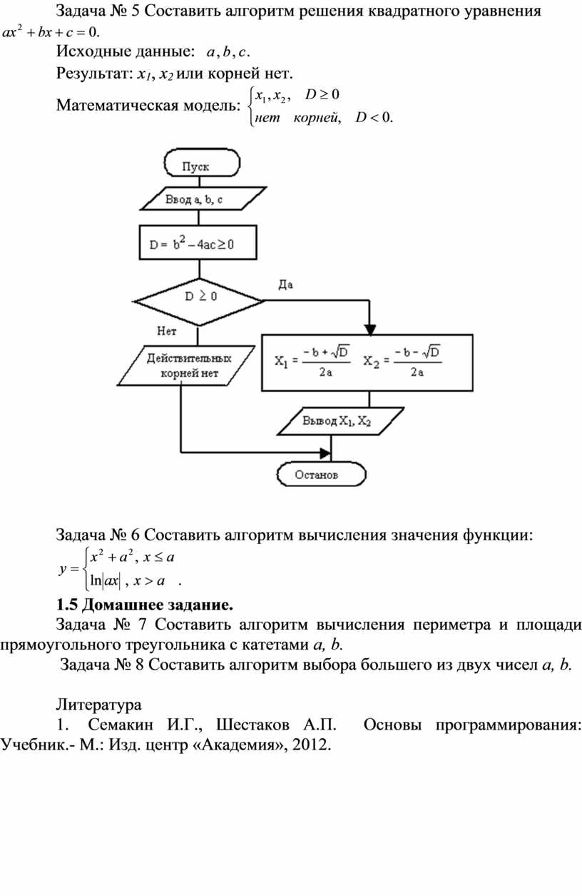 Составить блок схему решения квадратного уравнения