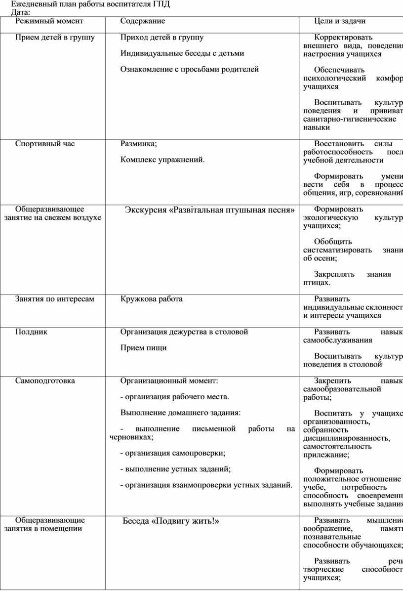 План работы группы продленного дня на месяц