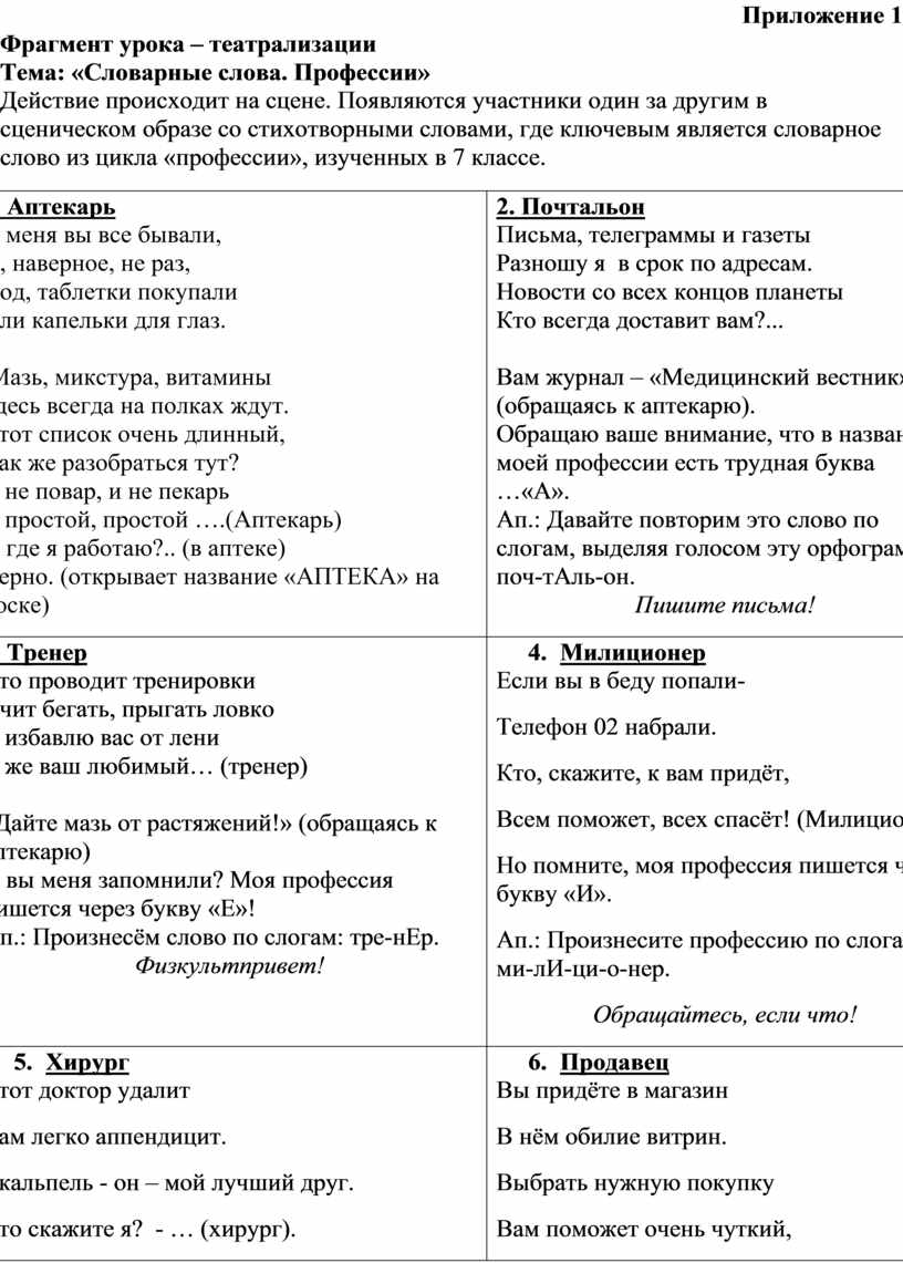 Приложение 1 Фрагмент урока – театрализации