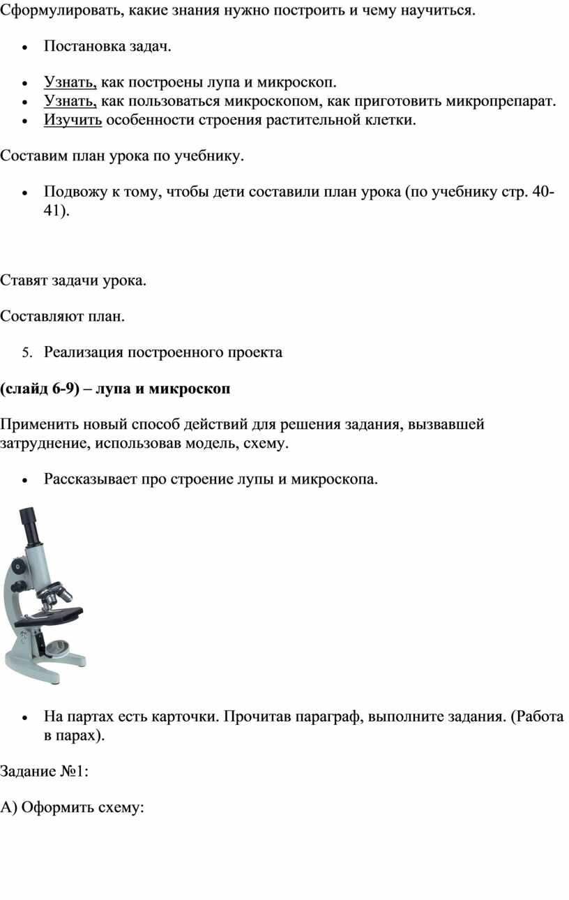 Тема урока: «Работа с лупой и микроскопом»