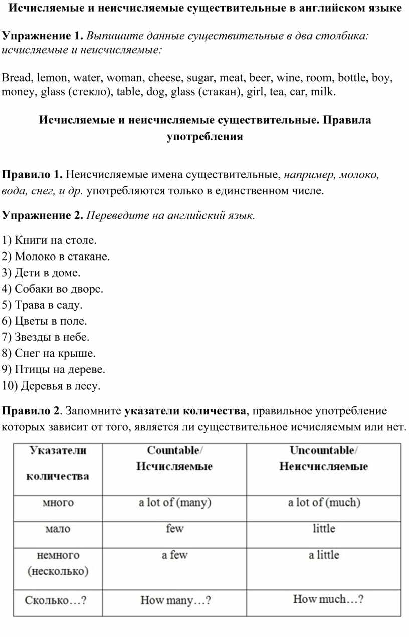 Подборка упражнения на исчисляемые и неисчисляемые существительные в  английском языке для 6 класса