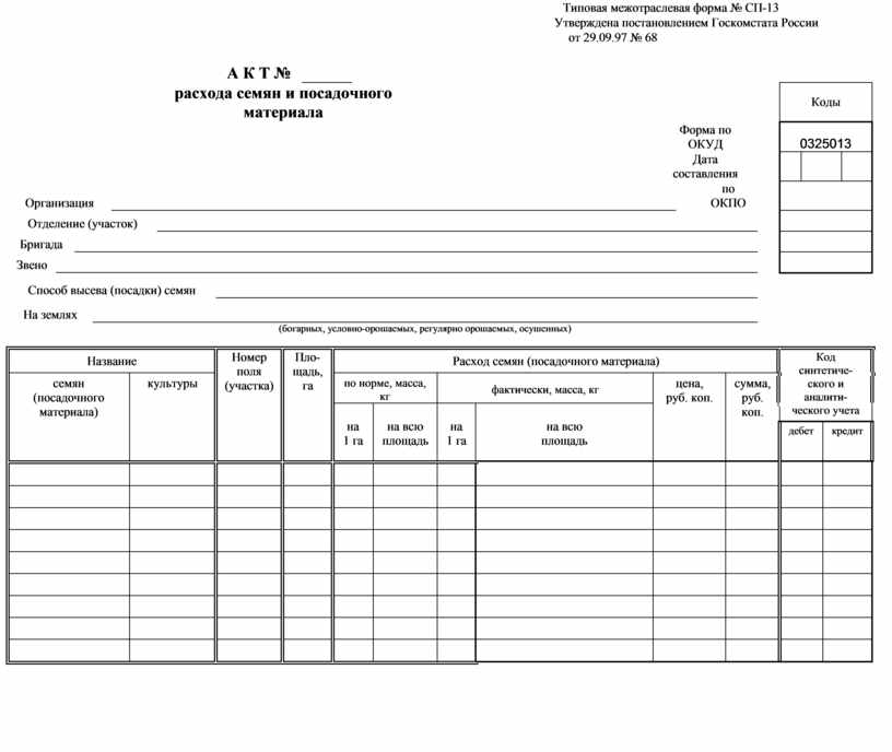 Сп 13 акт расхода семян и посадочного материала образец заполнения